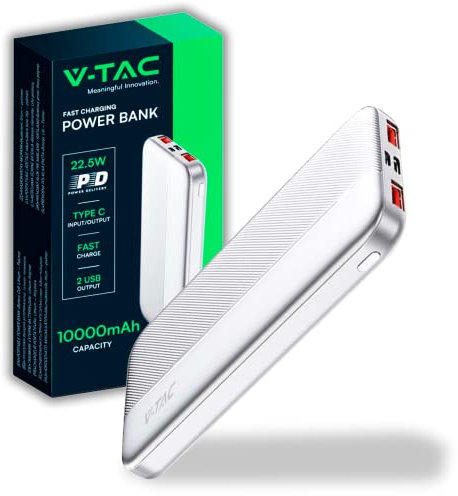 V-TAC Power Bank 10000 mAh con Carga Rápida PD 22.5W - Cargador Portatil - Batería Externa Delgada con Puerta USB Type-C y 2 Puertas USB-A - Compatible iPhone, iPad, Samsung, iPad, Xiaomi - Blanco