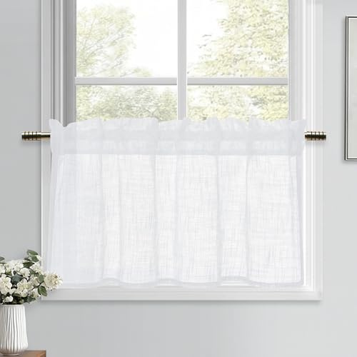 DWCN Weiß Scheibengardinen Leinenoptik Vorhänge Halbtransparent Gardinen Kurz 1 Stück H45xB90cm Modern Fenstervorhänge für Küchengardinen Wohnwagen Schrankvorhang Wohnzimmer Bistrogardine Landhaus
