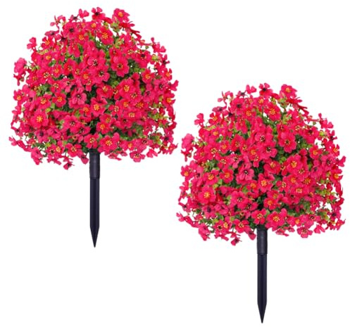 JOYWU 60cm Artificial Boxwood Topiary Ball Trees with Violet Flowers,UV Resistant Faux Plants Outdoor with Ground Spike,Lifelike Fake Shrubs Bushes for Porch Front Garden Home Decor (2, Rose Red)