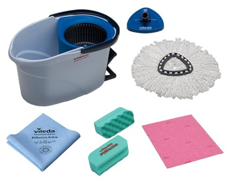 Vileda Professional Golvmoppset med roterande mopp, UltraSpin Mini Welcome Kit, pedalskopa, mopp i mikrofiber, svamp och PURmicro blå dukar, rengöring för hotell, barer, restauranger