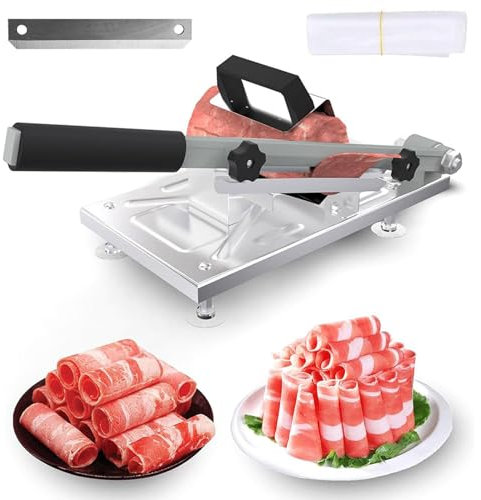 Cortador manual de carne congelada, cortador de alimentos ajustable de acero inoxidable con hoja de repuesto y bolsas para congelador, ideal para cortar cordero y cerdo