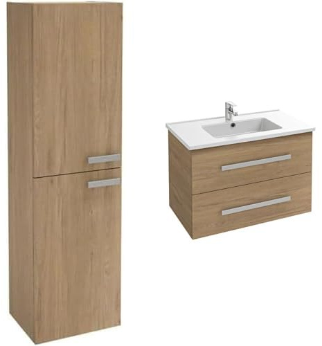Jacob Delafon, Meuble Colonne Ola UP 40cm, Grande Capacité, Porte Réversible, Poignées Métal + Meuble Ola UP 80cm, Plan Simple Vasque Céramique, 2 Tiroirs Fermeture Douce, Chêne Colorado