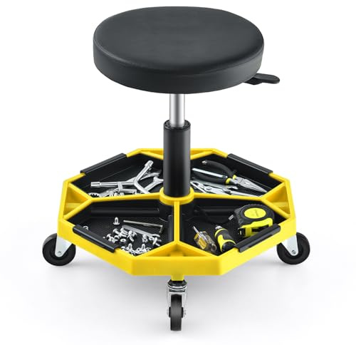 COSTWAY Werkstatthocker, Werkstatt Rollsitz 150 kg belastbar, 41-55cm höhenverstellbar, Werkstattsitz mit Ablage & 4 Rollen, Arbeitshocker für Werkzeug, Pneumatischer Rollhocker (Gelb)