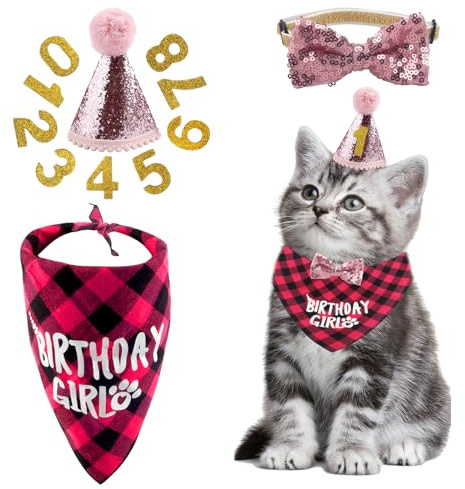 4 PCS Katzen Geburtstag Zubehör, Katzen Geburtstagshut mit Zahlen Halsband Schal für Hauser Geburtstag Accessoires