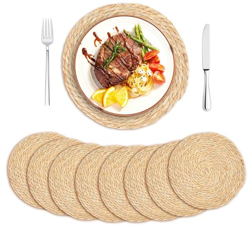 SHILIPAIJC 8pcs Round Woven Placemats, 30cm Rattan Placemats Table Placemat | Heat Resistant Place Mats for Table, Handwoven Water Hyacinth Table Mats Set of 8 for Dining Tables, Home, Wedding Decor