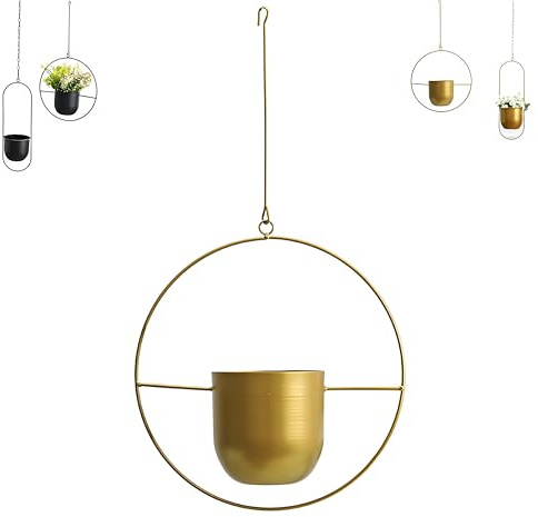Blumenampel hängend außen & innen Metall | Moderne Hängeampel für Zimmerpflanzen, Sukkulenten, Kakteen | Decken- & Wandampel | Stilvoller Hängender Pflanzentopf mit Kette für Balkon Deko (Gold A)
