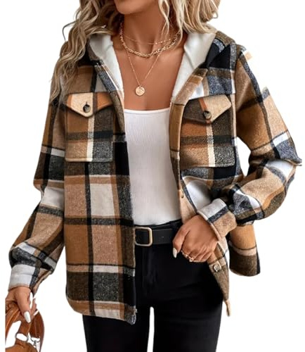 Generisch Wintermantel Damen Warm Gefüttert Kariert Winterjacke Damen Langarm Oversize Fleecejacke Mit Kapuze Fleece Damen-Jacken Winter Herbst Übergangsjacke Elegant Leicht Mantel Mit Knöpfen