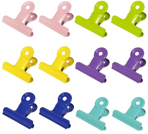 Noaxylic 12 Stück Kleine Bulldogge Büroklammern, Bunte Büroklammer Runde | 30 mm Metall Binder Clips Datei Klemmen, für Tags Taschen, Akten, Geschäfte, Büro, Küche zu Hause