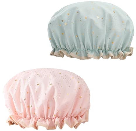 YANJINGSHE Shower Cap for Women, 2-Pack Waterproof Double Layer Foil Print | Waterproof double-layer shower cap with foil print, keeps hair dry for women in shower & spa; 2 pack pink & sage green.