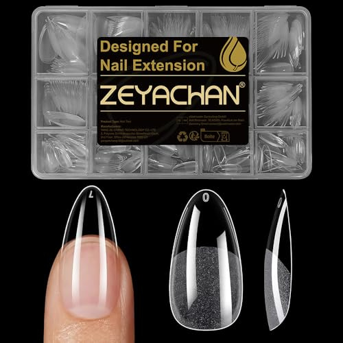 ZEYACHAN 510 Pièces Capsule Americaine Ongle Amande Medium, 15 Tailles Semi - mat PMMA Faux Ongles Transparente, Avec Valise De Rangement, pour Les Extensions Et Diy Nail Art