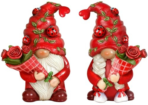 Eousera Red Roses Gnome Figurines - Indoor Home Office Spring Decor, Romantic Summer Gnomes Gifts for Women, Resin Ladybug Dwarf for Desk Shelf Decorations