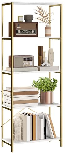 HOMCOM 5-Tier Bookshelf, Modern Bookcase, Floor Standing Book Shelf with Metal Frame, Wide Storage Rack for Living Room, Home Office and Bedroom, 79 x 35 x 161 cm, White and Gold Tone