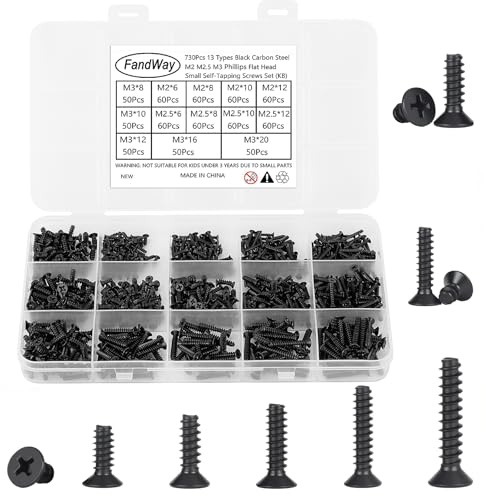 730Pcs Self Tapping Screws Black,M2 M2.6 M3 Small Wood Screws Kit,Countersunk Head Self Drilling Screw,Flat Head Sheet Metal Screw Phillips/Cross Drive for DIY Woodwork Repairs.