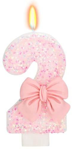 DazzJoy Schleifen Geburtstagskerzen Zahlen 2, Schleifen Kerze 2 Geburtstag Mädchen, Schleife Geburtstagskerze 2. Geburtstag Mädchen Deko, Schleife Kerzen Zahlen 2 Rosa (ca.7,2cm)