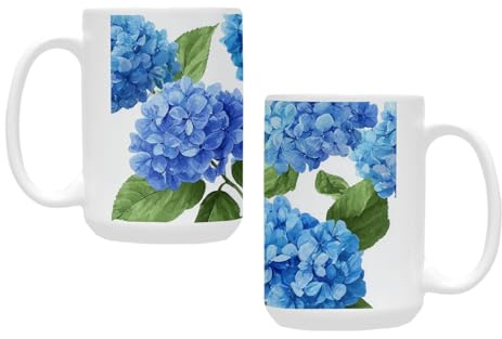 qenuh Blue Hydrangea Nature Art Ceramic Mugs Coffee Cup Smooth Glaze Finish 15 oz Classic Tea Cup for Hot Drinks, Office/Home Use