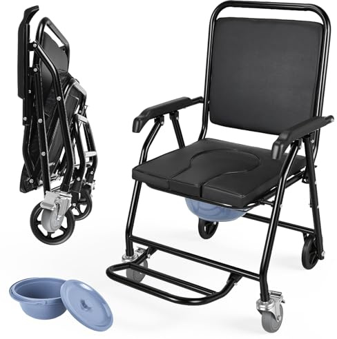 Folding Commode Chair on Wheels, Portable Toilet Chair with Padded Seat, Foldable Footrest, Bucket & Lid, Commode Toilet Chair Bedside Commode Chair for Elderly & Disabled, Supports Up to 330lbs