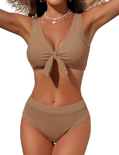 Svanco Costume Donna Due Pezzi Curvy Contenitivo con Nodo al Seno, Bikini Donna Mare in Tessuto Texturizzato, Costumi da Bagno Donna Vita Alta
