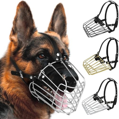 Deutscher Schäferhund Maulkorb Metall Korb für Mittlere Große Hunde Verstellbare Langlebige Lederriemen Sichere Drahtmaske zum Beißen Kauen Bellen (Silber, L - Größe)