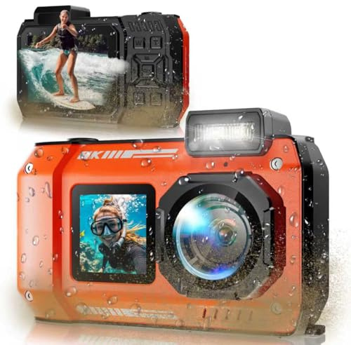 MaxMango D50 33FT Cámara Acuática, 8K 70MP Cámara Impermeable con Doble Pantalla, Batería 2500mAh, Cámara Digital de Fotos para Snorkeling Natación Surf, Tarjeta 16GB, Naranja