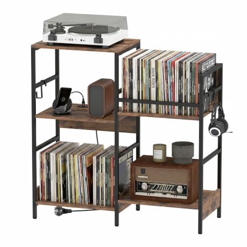GIANTEX Mobiletto Porta Vinili Multilivello con Stazione di Ricarica | Supporto per Giradischi in Legno con Ganci e Struttura Metallica, per Studio e Soggiorno, 78 x 30 x 78 cm