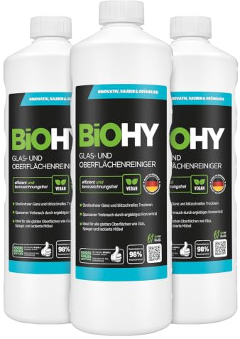 BiOHY Glas- und Oberflächenreiniger (3 x 1 Liter) | Glasreiniger Konzentrat für streifenfreien Glanz | ergiebiger Glas & Kunststoffreiniger | Fettlöser & Kalkreiniger | ideal für Fenster & Küche