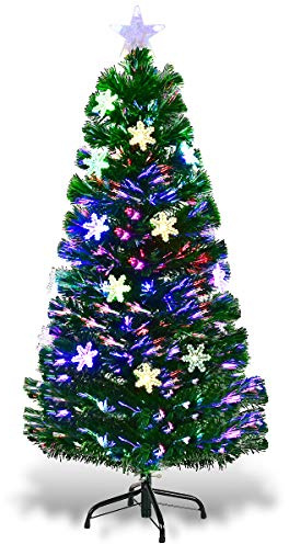 DREAMADE Sapin de Noël Artificiel 90CM/120CM/150CM/180CM avec 12/18/24/28 Lampes à LED, Arbre de Noël en PVC avec Flocon de Neige, Etoile au Sommet d’Arbre et Pieds en Fer, Vert (120cm)