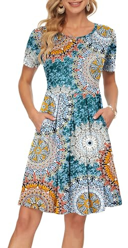 AUSELILY Ladies Summer Short Sleeve Pleated Loose Swing Casual Dress with Pockets Knee Length Print Green L