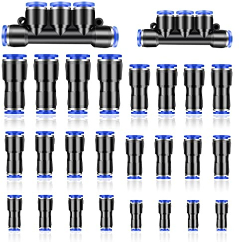 HERKINDNESS 26 piezas 8 Forma Guarniciones Neumaticas,Empuje Recto en Plástico,Accesorios Neumáticos Rectos Rápidos para 4 mm 6 mm 8 mm 10 mm 12 mm Tubo