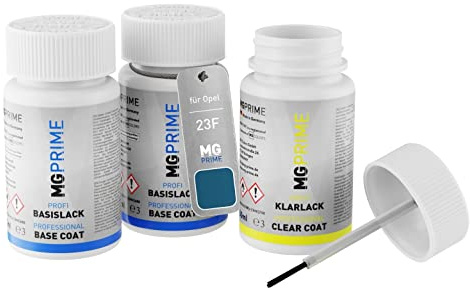 MG PRIME Autolack Lackstifte für Opel 23F / G4B EQX Nautic Blue Metall. +1K | Nautik Blau Metallic / Nautic Blue Metallic, Set aus Grundlack + Basislack + Klarlack, Lackfläschchen mit Pinsel, je 50ml