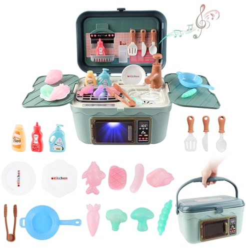 deAO Toys Little Chef Kitchen Mini tragbarer Picknickkorb, Tragetasche, Grill, Spielset mit simuliertem Grill; Tastenfeld, Licht, Ton, echte Wasserfunktionen und Zubehör enthalten (Blau)