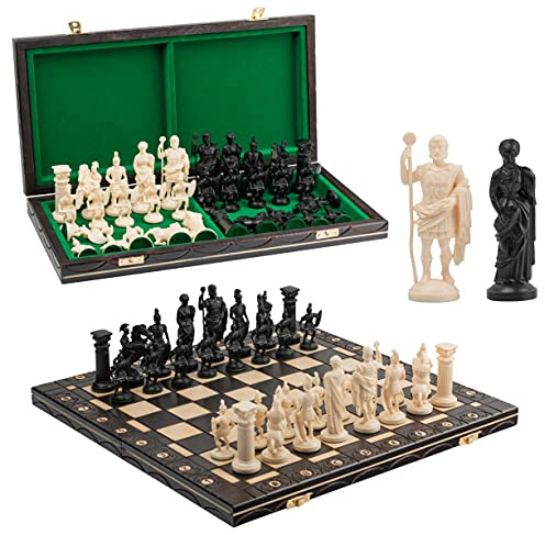 Master of Chess Scacchiera in Legno “Black & White Edition” 40cm - Fatto a Mano Scacchiera Portatile - Argento Set di Scacchi Pieghevoli per Bambini e Adulti - Figure a forma di Vichinghi