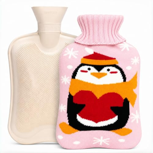 OliviaLiving Wärmflasche 2 Liter mit Strickbezug – ideal für Krämpfe, Schmerzlinderung & gemütliche Nächte – Wasserheizkissen – Füße & Bettwärmer für Erwachsene, Cartoon-Pinguin (Rosa)
