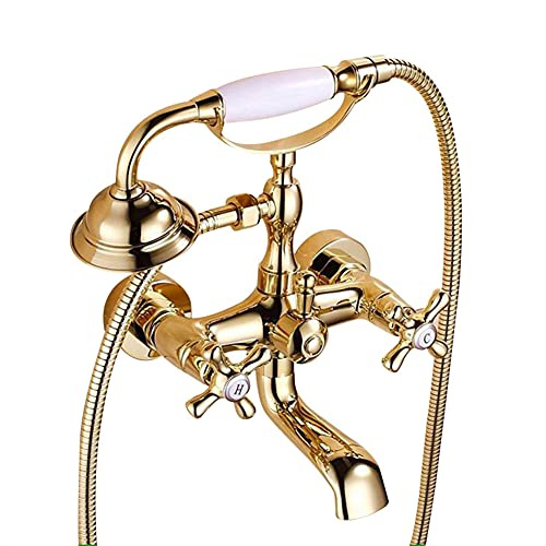 Grifo Bañera Con Alcachofa De Mano Latón Color Oro Mezclador De Bañera Montaje En Pared, Incluye Soporte Y Manguera De 150 Cm, Dos Asas Grifo De Ducha, Antiguo