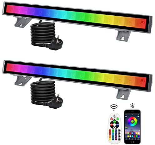 CREATESTAR Foco LED RGB Exterior 48W, 2 Piezas Luz de Pared, Barras Con Temporizador y Memoria, 16 Millones de Colores Para Bar, Jardín, Interior, Fiesta