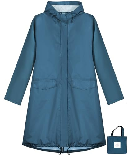 ANYOO Giacca da Pioggia Impermeabile da Donna con Cappuccio, Trench Leggero con Giacca a Vento Lunga, Blu Mare, Taglia unica