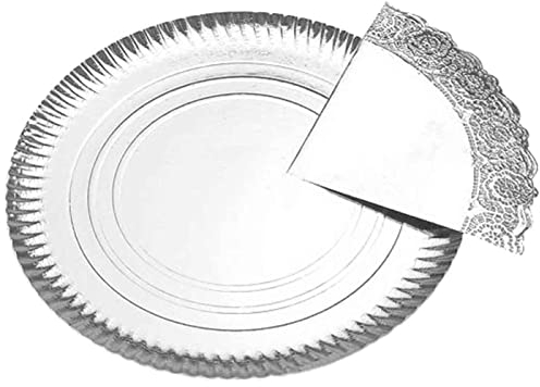 Tradineur Vassoio in cartone argentato rotondo con biondo - Piatto riciclabile per torte con pizzo di carta speciale per feste o celebrazioni - Ø 30 cm