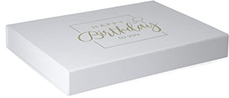 ideas in boxes Premium Geschenkbox Geburtstag, Geschenkkarton, Magnetbox, Magnetfaltbox, Geschenkverpackung für Geburtstag mit Schriftzug, 31x22x4cm, Weiß mit Gold