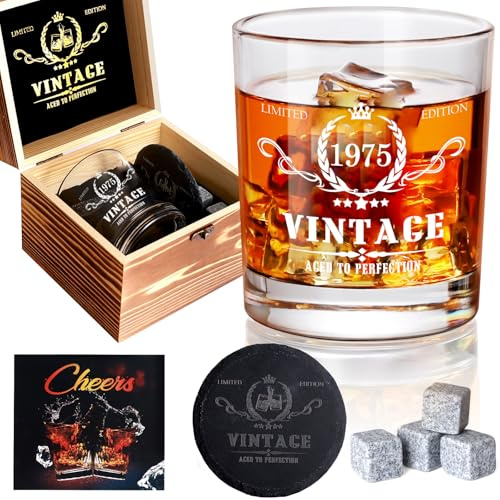 Geschenke zum 50. Geburtstag für Männer 340ml,1975 Whiskyglas in wertvoller Holzbox, Hochwertiges Bourbon-Glas für 50-jährigen Vater, Ehemann,Freund,Geschenkideen zum 50. Geburtstag