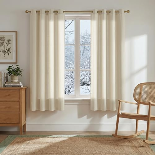 PONY DANCE Short Natural Linen Curtains 54 Inch Drop for Kitchen - Eyelet Flax Natural Semi Sheer Curtains Light Filtering Privacy Protected for Apartment Dormitory Decoration, 55x54-Inch, Set of 2