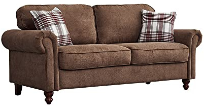 Panana Retro Design 2 Seater and 3 Seater Linen Fabric Sofa Couch Settee Living Room Sofa, With 2 Free Cushions, Brown 2 Seater