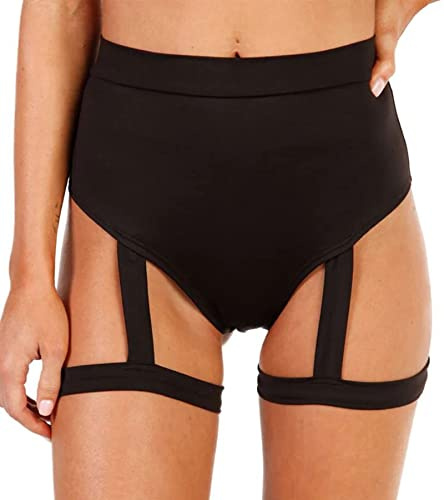 EVELUST Rave Booty Shorts für Damen – Hoch Taillierte Badeshorts Scrunch Sporthose Kurze Leggings Gothic Festival Outfits(HarnessBlack, XL, 13051w)