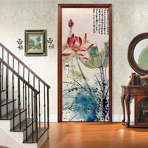 A.Monamour Türtapete Selbstklebend Türfolie Türposter 3D Lotusblumen Im Chinesischen Malstil Vinyl Folie Türdeko Tapete Wandbild Türaufkleber Türtattoo 90x200cm