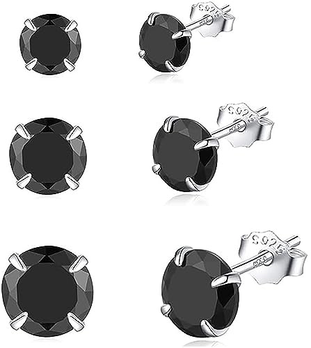 Hmzidz 3 Pares Pendientes de plata Ley 925 para Mujeres y Hombres Pendientes de Boton Negro Aretes de Mujer Verano Circonita Cúbicas Redondos Pendientes Piercing Oreja Diamante Pequeños