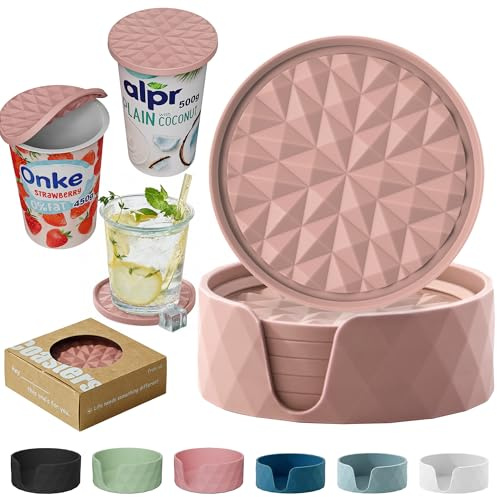 Wingcases Silikon-Untersetzer Gläser mit Halterung 6er-Set | Große 9,5cm Joghurt Deckel für Joghurtbecher 500g, Mehrweg Organizer Küche, Rosa