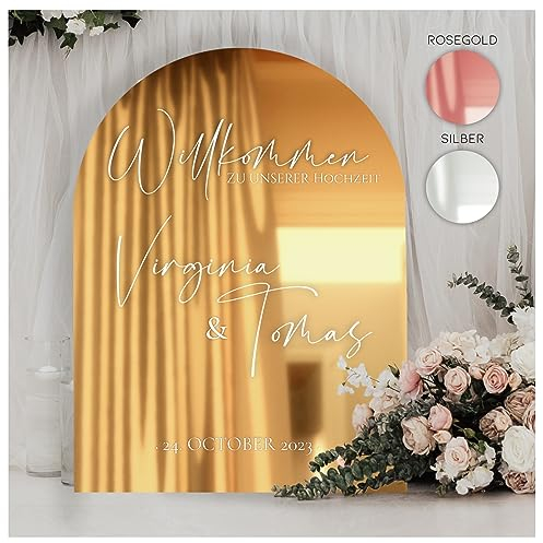Manschin-Laserdesign Willkommensschild Acrylglas Spiegel personalisiert in veschiedenen Farben - Made in Germany - Welcome Willkommen Schild für Hochzeit (60x40cm, Gold)
