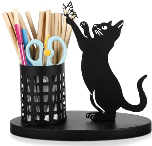 Tandefio Portapenne a forma di gatto per scrivania carino nero matita | Organizer da ufficio a forma di gatto con farfalla, contiene pennelli da trucco, matite, design cavo in metallo nero