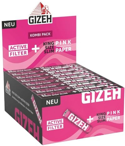 GIZEH PINK King Size Slim + Active Filter – 16 Heftchen á 34 Blatt | King Size Paper inkl. 6 mm Aktivkohlefilter zum Drehen - Kombi-Pack á 34 Blatt + 16 Filter slim