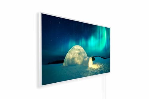 Könighaus Bildheizung 4 Jahreszeiten 1200 Watt - Thermostat - 18-29 m² | Weißer Rahmen, Motiv: Winter 02. Nordlicht, TÜV SÜD, 5 Jahre Garantie