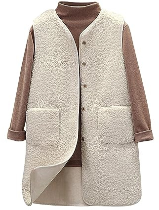 Gilet d'hiver chaud en fausse peau de mouton pour femme avec poche polaire et poche mi-longue, beige, M