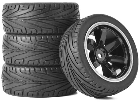 KINGCOO RC Auto Reifen und Räder Set, 4Stück 65mm Gummireifen und Kunststoff Räder 6Speichen Felgen 12mm Hex für 1/10 RC On-Road Touring Racing Auto für HSP HPI Kyosho (Schwarz/Silber)